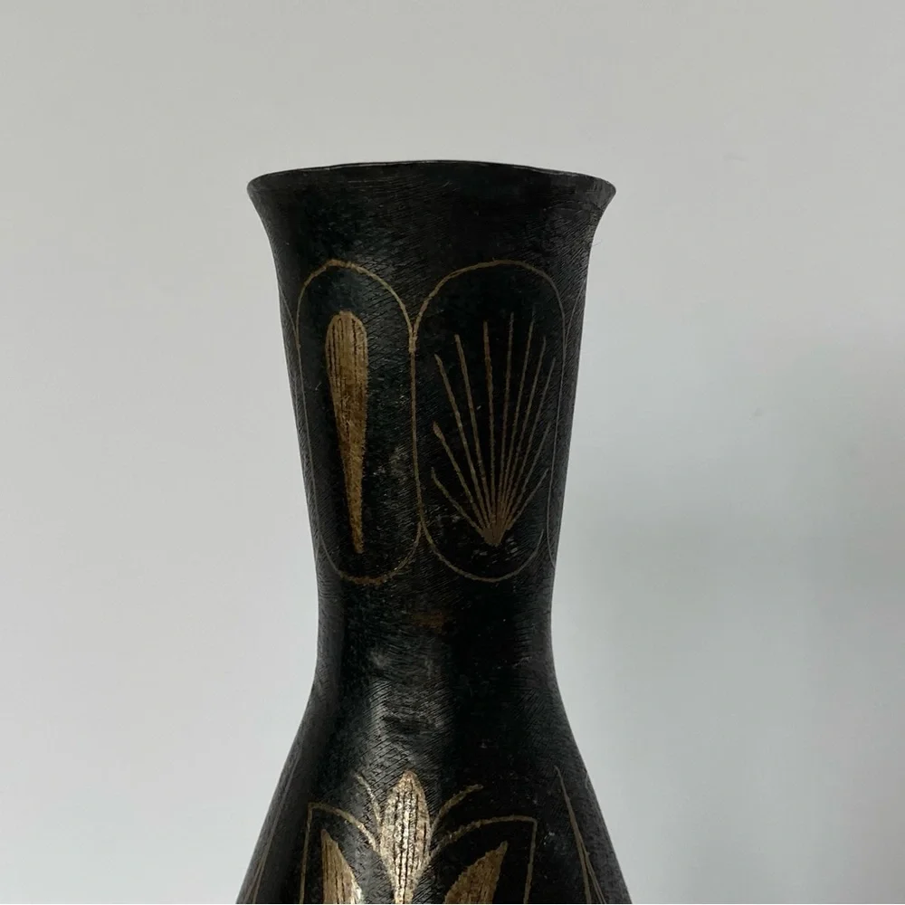 Vintage Brass Vase Etched India 7” Tall Metal Old Brown Bud Flower Engraved
